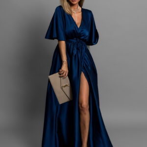 Tmavě modré saténové dlouhé šaty GO HOME s krátkým rukávem Velikost: ONESIZE