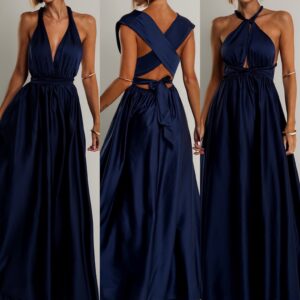 Tmavě modré saténové šaty VALERDY s variabilním vázáním / bez rozparku Velikost: ONESIZE