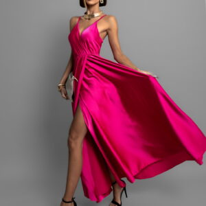 Tmavě růžové lesklé dlouhé plesové šaty CHRYSANTHE