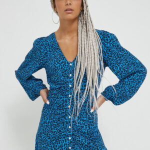 Tommy Jeans dámské modré šaty ANIMAL PRINT RUCHE DW0DW14395 XS