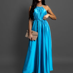 Tyrkysové dlouhé saténové šaty MADES Velikost: ONESIZE