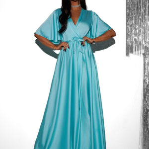 Tyrkysové saténové dlouhé šaty GO HOME s výstřihem Velikost: ONESIZE