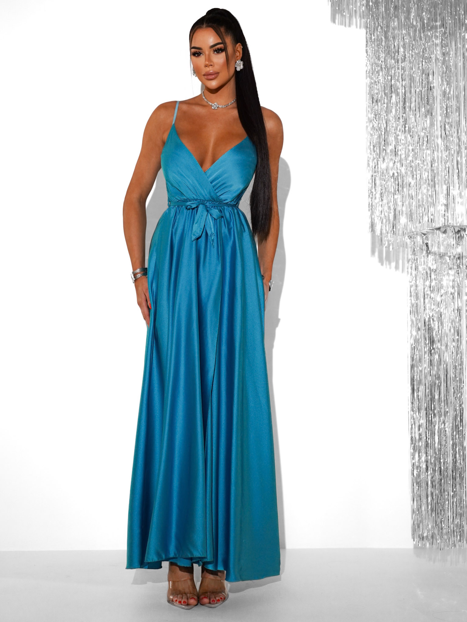 Tyrkysové saténové dlouhé šaty PRIMROSE - Obrázek 2