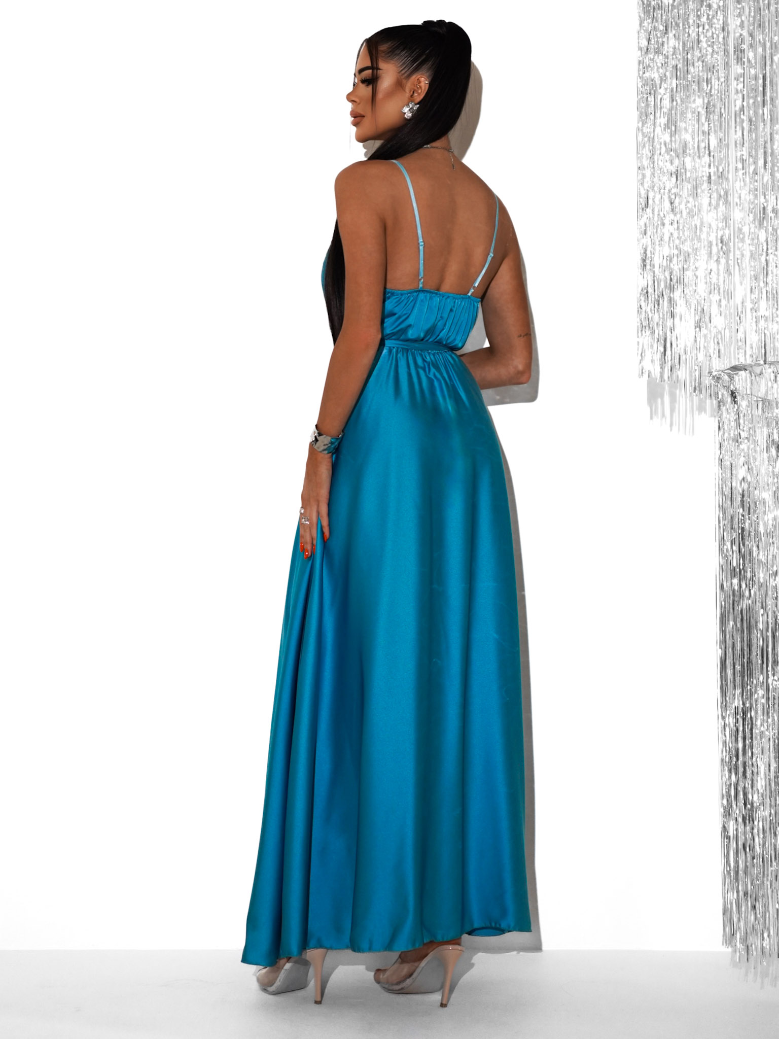 Tyrkysové saténové dlouhé šaty PRIMROSE - Obrázek 3