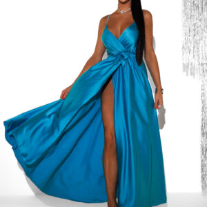 Tyrkysové saténové dlouhé šaty PRIMROSE