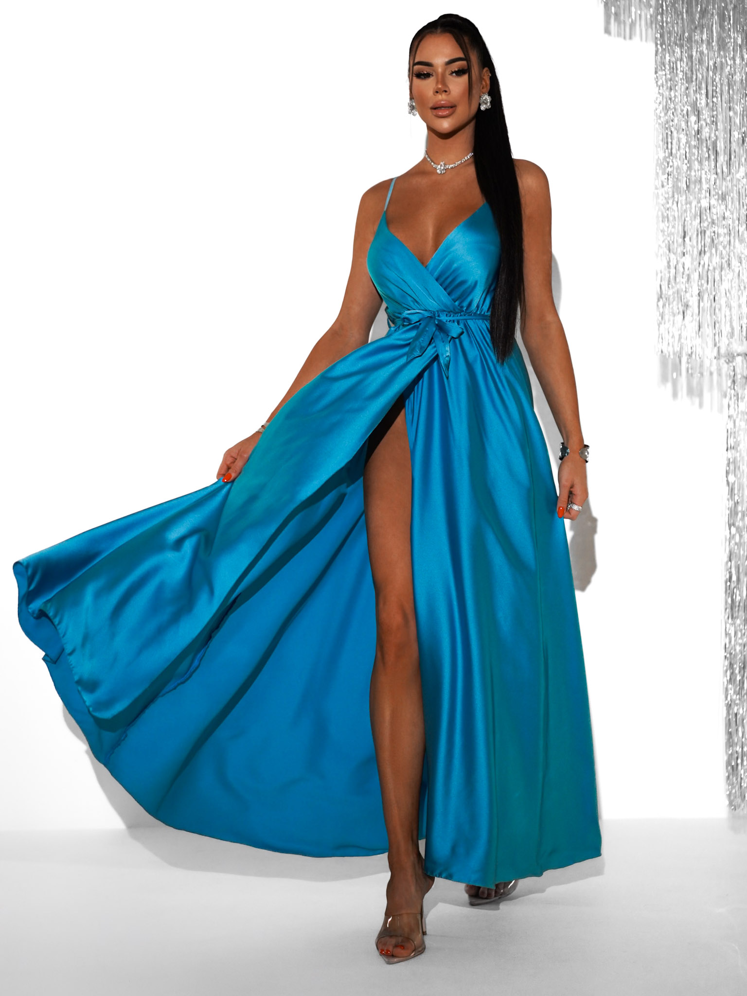 Tyrkysové saténové dlouhé šaty PRIMROSE