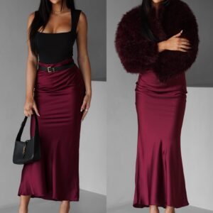 Vínová dlouhá saténová sukně REGENORY Velikost: ONESIZE