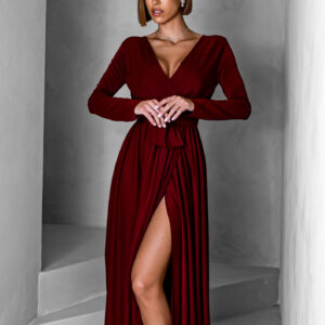 Vínové dlouhé společenské šaty JOELLIAN s dlouhým rukávem Velikost: ONESIZE