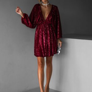 Vínové krátké flitrované šaty BERRON s výstřihem Velikost: ONESIZE