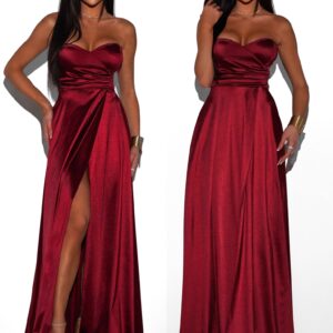 Vínové plesové saténové šaty SYCHAEUS bez ramínek Velikost: ONESIZE