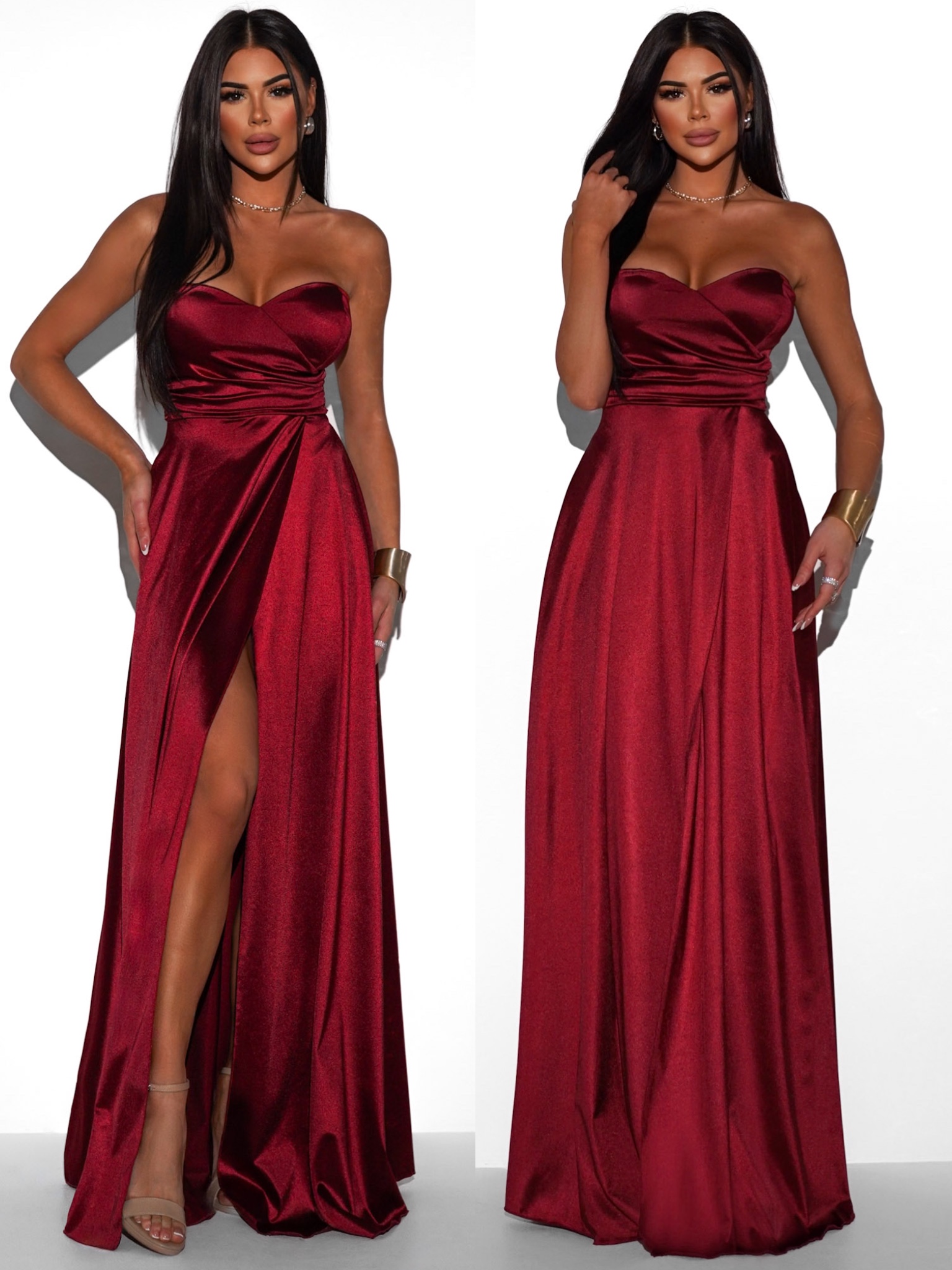 Vínové plesové saténové šaty SYCHAEUS bez ramínek Velikost: ONESIZE