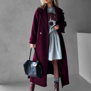 Vínový dlouhý flaušový elegantní kabát MARKKU Velikost: ONESIZE