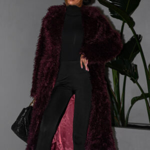 Vínový faux fur dlouhý kožešinový kabát HOAIN Velikost: M/L