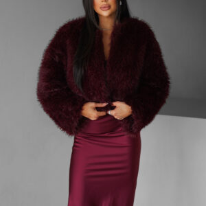 Vínový faux fur krátký kožešinový kabátek KOLODA Velikost: M/L