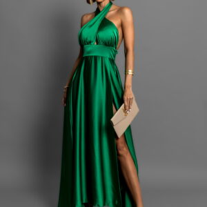 Zelené dlouhé elegantní lesklé šaty TARRISA s rozparkem