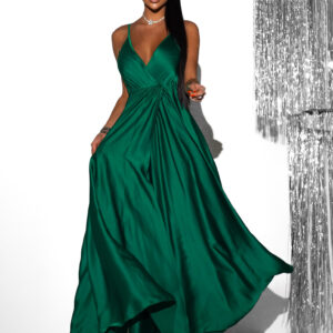 Zelené dlouhé saténové šaty PERFECTLY s výstřihem