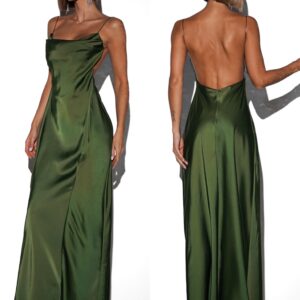 Zelené dlouhé saténové šaty UNUTA s holými zády Velikost: ONESIZE