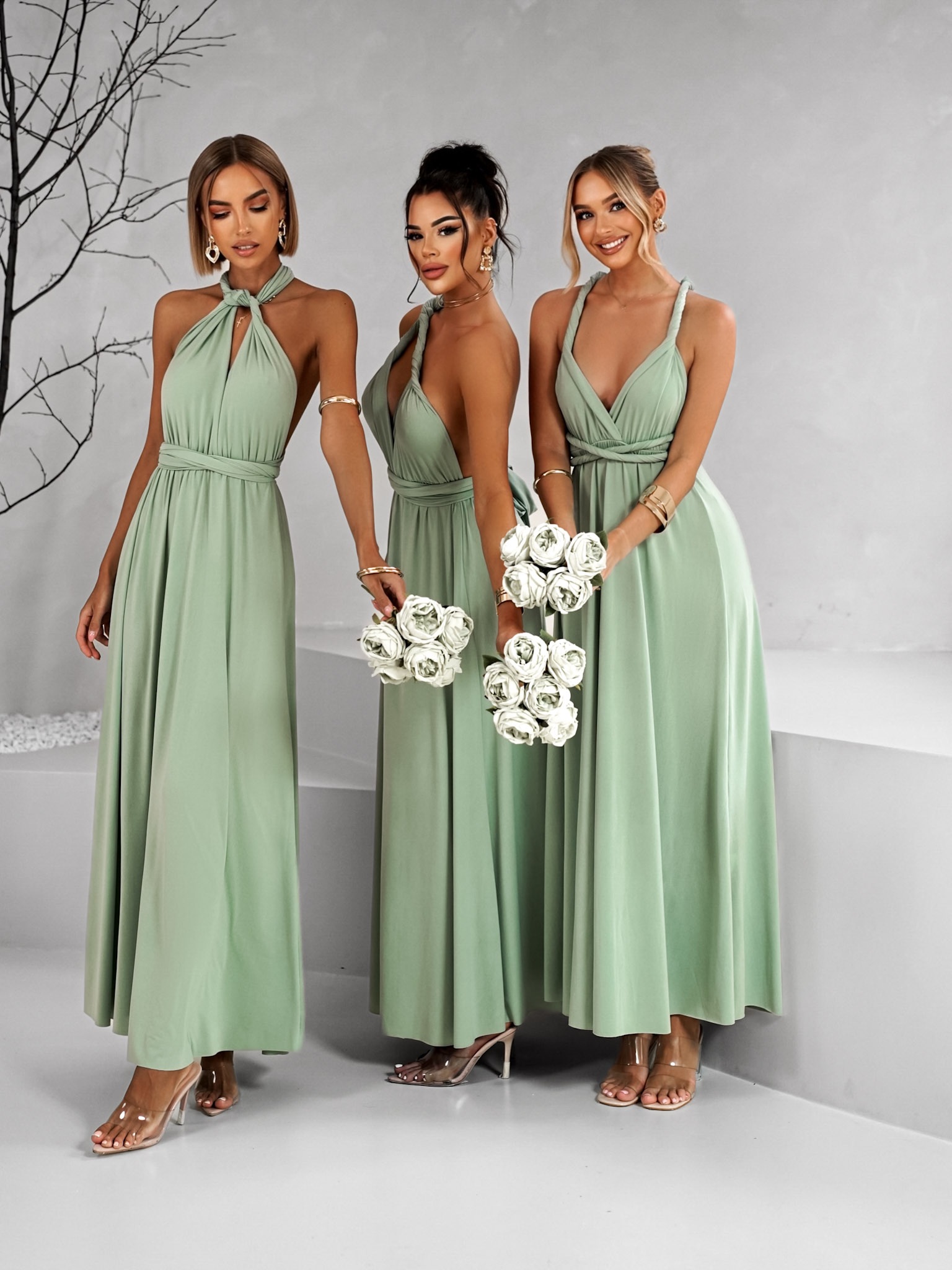 Zelenkavé zavazovací variabilní šaty BEATRICE pro družičky Velikost: ONESIZE