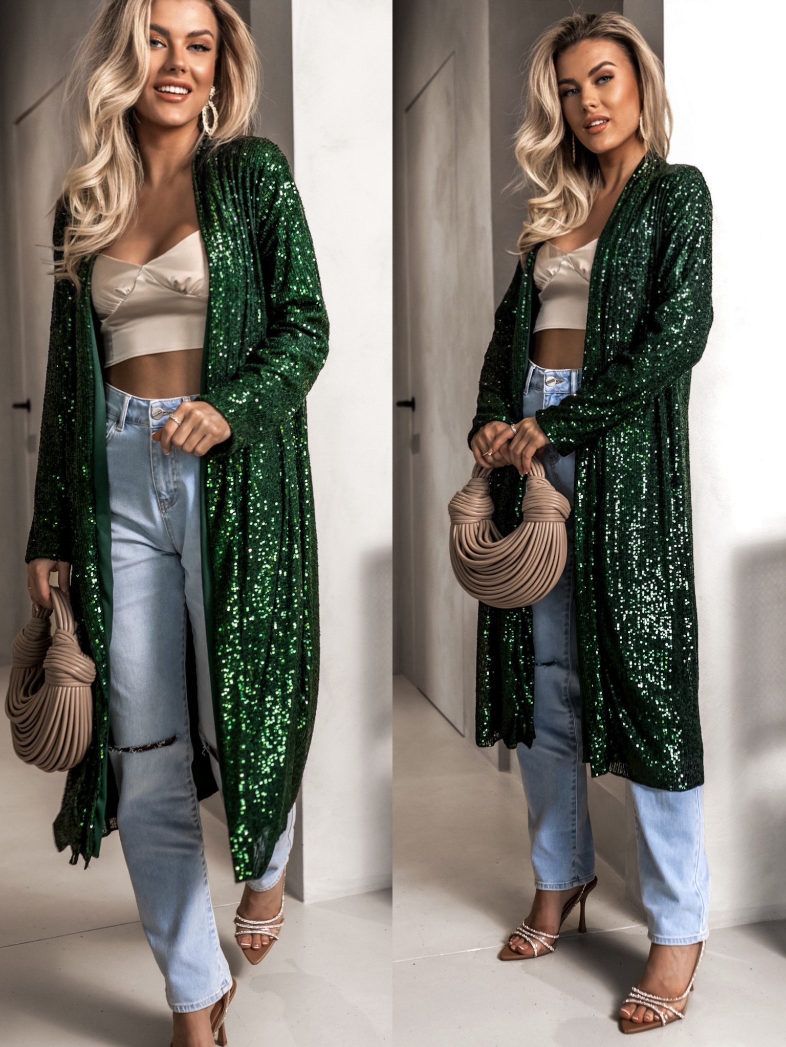 Zelený třpytivý cardigan YURIDIA s flitry Velikost: ONESIZE