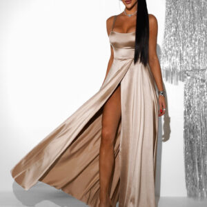 Zlaté dlouhé saténové šaty HELSIN s rozparkem Velikost: ONESIZE