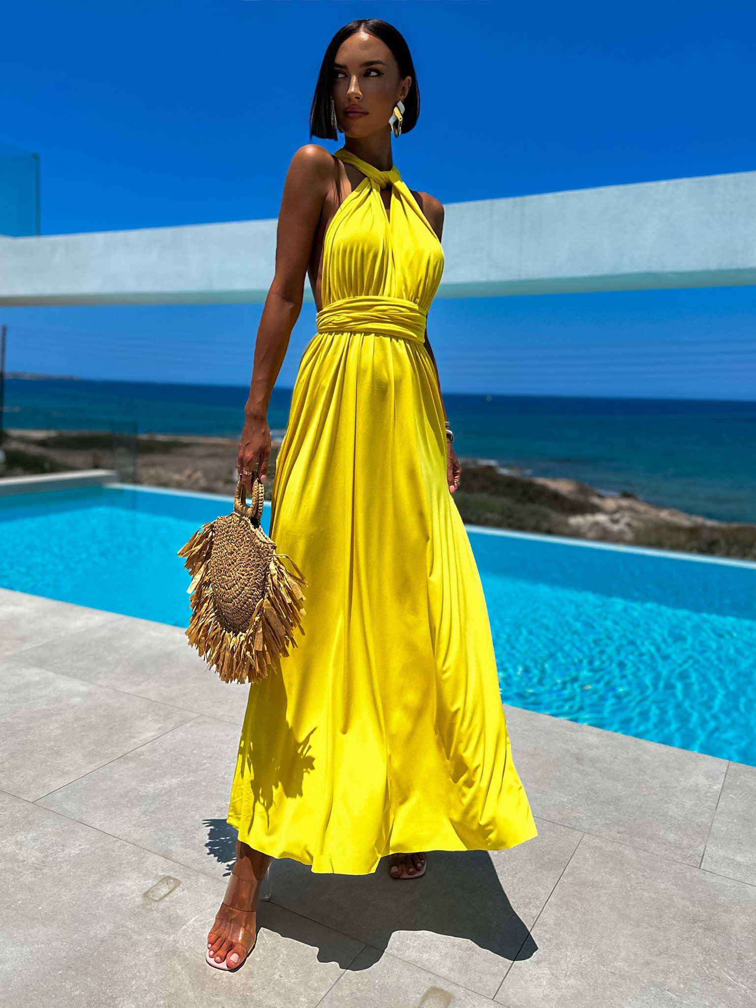 Žluté elegantní šaty BEATRICE s vázáním Velikost: ONESIZE - Obrázek 3