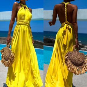 Žluté elegantní šaty BEATRICE s vázáním Velikost: ONESIZE