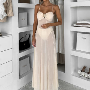 Béžové elegantní průhledné dlouhé šaty EMVARK Velikost: M/L