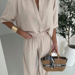 Béžový 100% len kalhotový košilový komplet ORIANA Velikost: ONESIZE