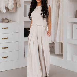 Béžový elegantní dlouhý kalhotový komplet MODROS Velikost: ONESIZE