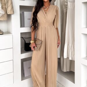 Béžový plisovaný společenský overal QVAKALA Velikost: ONESIZE