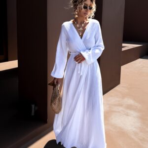 Bílé mušelínové dlouhé šaty VERIENA s výstřihem Velikost: ONESIZE