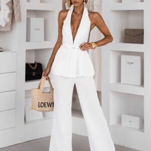 Bílý elegantní kalhotový dlouhý komplet OLENIRI Velikost: ONESIZE