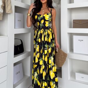 Černé letní dlouhé šaty THEADY s citrony Velikost: ONESIZE