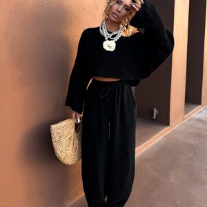 Černé široké mušelínové kalhoty PIREUSA Velikost: ONESIZE