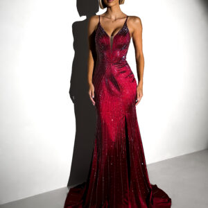 Červené plesové třpytivé šaty RAVELLE s rozparkem Velikost: M