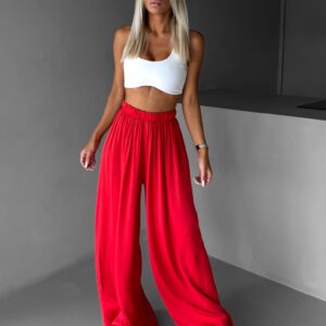 Červené široké volné dlouhé kalhoty OLVIRA Velikost: Standardní délka