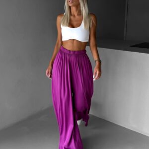 Fialové široké volné dlouhé kalhoty OLVIRA Velikost: Standardní délka