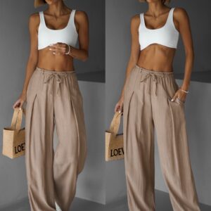 Hnědé lehké široké kalhoty LARYS se šňůrkou Velikost: ONESIZE