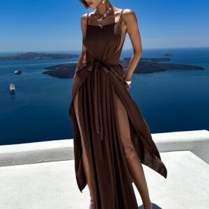 Hnědé letní šaty CHEETACH se zavazováním Velikost: ONESIZE