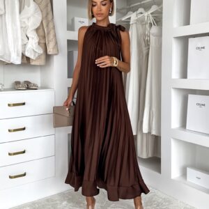 Hnědé saténové dlouhé plisované šaty EKULY Velikost: ONESIZE