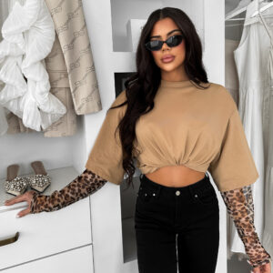 Hnědé tričko VIREYALA s leopardími rukávy Velikost: ONESIZE