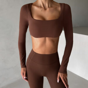 Hnědý jóga krátký top JIMELA s dlouhým rukávem Velikost: L