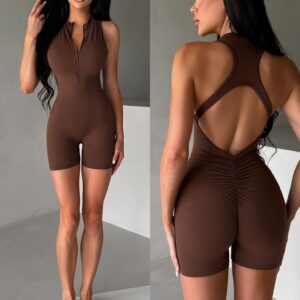 Hnědý krátký push up sportovní overal RIMORA Velikost: L