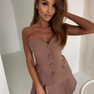 Hnědý plisovaný komplet HALURE se sukní Velikost: M