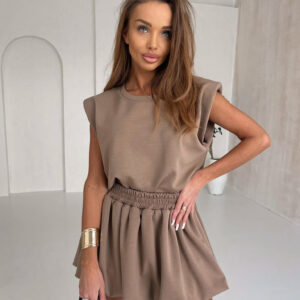 Hnědý teplákový krátký stylový komplet TAPPY se sukní Velikost: ONESIZE