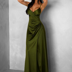 Khaki dlouhé saténové šaty ARANKA Velikost: ONESIZE