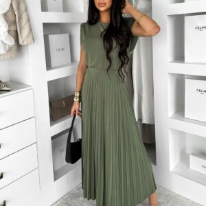 Khaki elegantní plisovaný komplet LEEROYA Velikost: ONESIZE