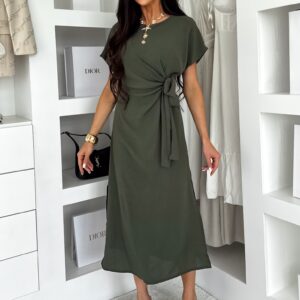 Khaki elegantní vypasované šaty NIRELA s vázáním Velikost: ONESIZE