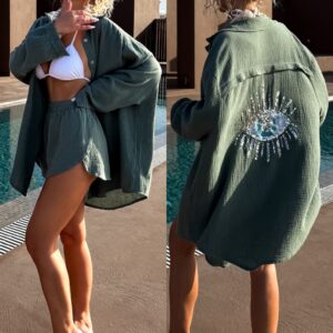 Khaki mušelínová oversize košile BOGUSY s flitry Velikost: ONESIZE