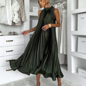 Khaki saténové dlouhé plisované šaty EKULY Velikost: ONESIZE